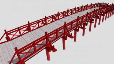 中式红色护栏弧形景观木桥SU模型下载_sketchup草图大师SKP模型