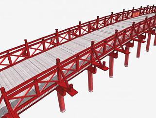 中式红色护栏弧形景观木桥SU模型下载_sketchup草图大师SKP模型