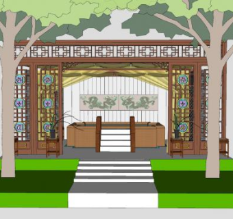 中式亭子温泉池SU模型下载_sketchup草图大师SKP模型