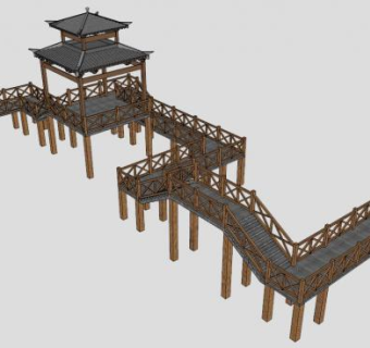 中式景区木栈道SU模型下载_sketchup草图大师SKP模型