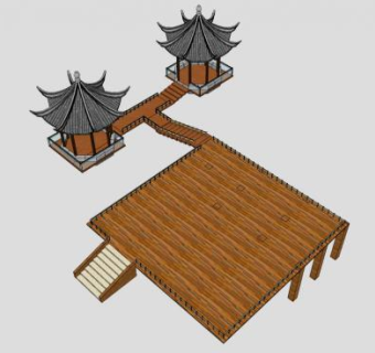 中式景观亭子木栈道SU模型下载_sketchup草图大师SKP模型