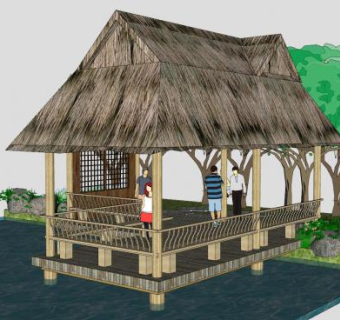 不错的茅草亭景观SU模型下载_sketchup草图大师SKP模型