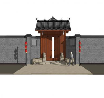 中式住宅大门围墙SU模型下载_sketchup草图大师SKP模型
