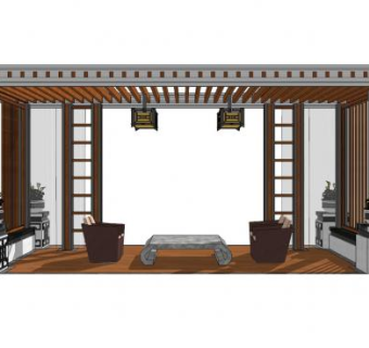 新中式亭子廊架SU模型下载_sketchup草图大师SKP模型