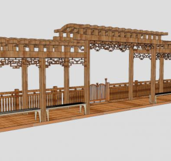 中式木制廊架座椅SU模型下载_sketchup草图大师SKP模型