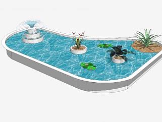 欧式水池水塘小景荷叶喷泉SU模型下载_sketchup草图大师SKP模型