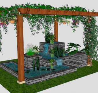 花架小藤蔓覆盖的池塘水塘水景SU模型下载_sketchup草图大师SKP模型