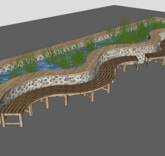 S形户外长椅和水池水塘景观SU模型下载_sketchup草图大师SKP模型