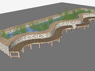 S形户外长椅和水池水塘景观SU模型下载_sketchup草图大师SKP模型
