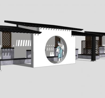 2D戏子花旦京剧人物和中式廊架SU模型下载_sketchup草图大师SKP模型