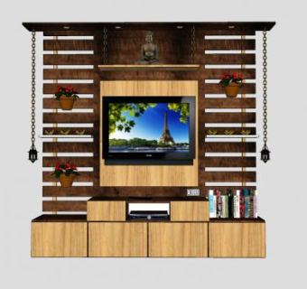 木制地柜式花架电视柜SU模型下载_sketchup草图大师SKP模型