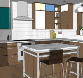 开放式现代厨房橱柜吧台SU模型下载_sketchup草图大师SKP模型