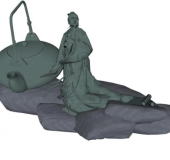 茶桌茶具古人物雕塑SU模型下载_sketchup草图大师SKP模型