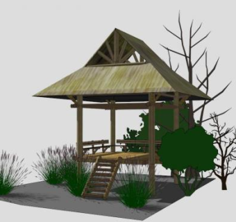 户外茅草亭凉亭SU模型下载_sketchup草图大师SKP模型