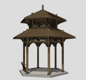 木制双重檐亭中式亭SU模型下载_sketchup草图大师SKP模型