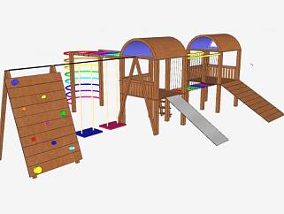 木质儿童游乐设施滑梯带攀爬墙SU模型下载_sketchup草图大师SKP模型