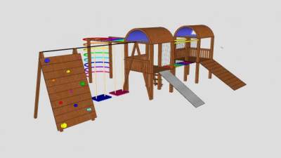 木质儿童游乐设施滑梯带攀爬墙SU模型下载_sketchup草图大师SKP模型