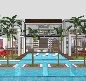度假私人别墅带游泳池SU模型下载_sketchup草图大师SKP模型