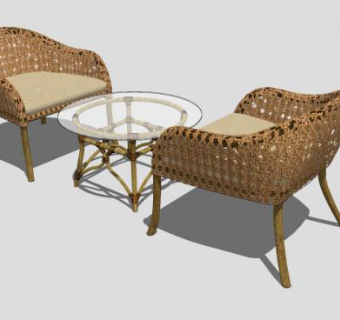 藤艺双人桌椅组合SU模型下载_sketchup草图大师SKP模型