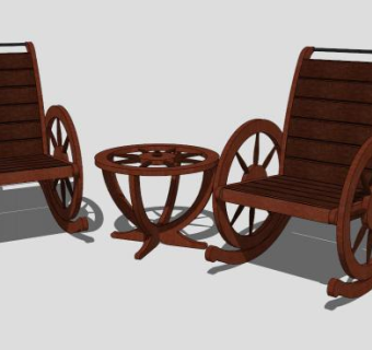 木质双人桌椅组合SU模型下载_sketchup草图大师SKP模型