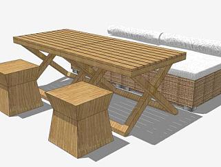 餐厅木制桌椅组合SU模型下载_sketchup草图大师SKP模型