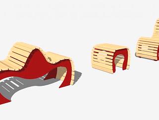 三款木质红色休闲椅SU模型下载_sketchup草图大师SKP模型