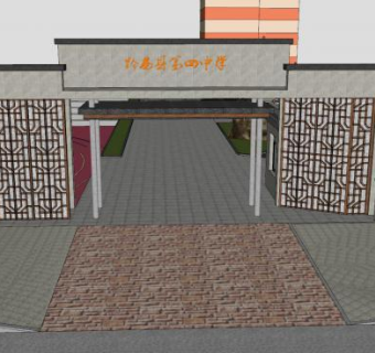 中式学校校门口SU模型下载_sketchup草图大师SKP模型