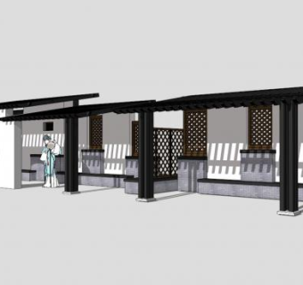 2D青衣人物和江南园林廊架SU模型下载_sketchup草图大师SKP模型