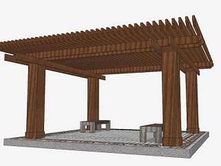 中式木质廊架设计SU模型下载_sketchup草图大师SKP模型