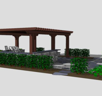 景区中式木质廊架设计SU模型下载_sketchup草图大师SKP模型