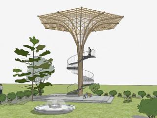 蘑菇木质景观塔和小喷泉SU模型下载_sketchup草图大师...