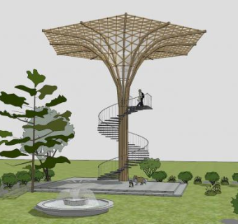 蘑菇木质景观塔和小喷泉SU模型下载_sketchup草图大师SKP模型