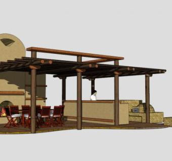 商业街方形防腐木廊架SU模型下载_sketchup草图大师SKP模型