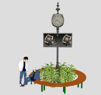 户外景观植物座椅和立钟SU模型下载_sketchup草图大师SKP模型
