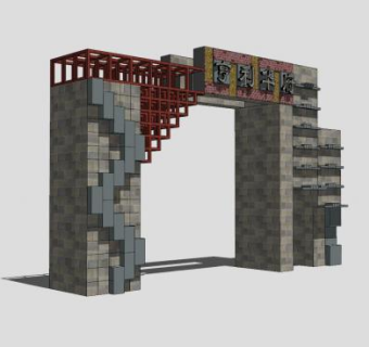 中式农庄大门口SU模型下载_sketchup草图大师SKP模型