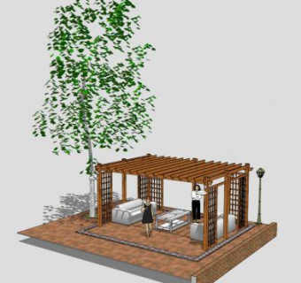 中式景区方形木廊架SU模型下载_sketchup草图大师SKP模型