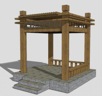 中式景区方形木质廊架SU模型下载_sketchup草图大师SKP模型
