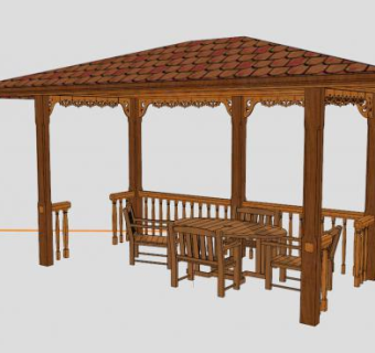 中式景区凉亭木廊架SU模型下载_sketchup草图大师SKP模型