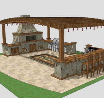 园区餐厅木结构廊架设计SU模型下载_sketchup草图大师SKP模型