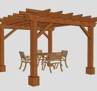 防腐木廊架花架和户外桌椅SU模型下载_sketchup草图大师SKP模型