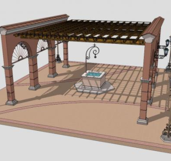 欧式方形防腐木廊架设计SU模型下载_sketchup草图大师SKP模型