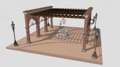 欧式方形防腐木廊架设计SU模型下载_sketchup草图大师SKP模型