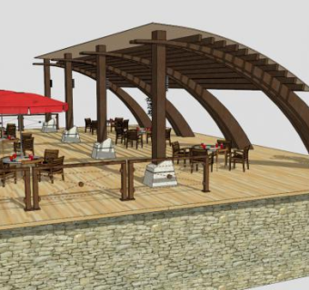 餐厅条形木廊架SU模型下载_sketchup草图大师SKP模型