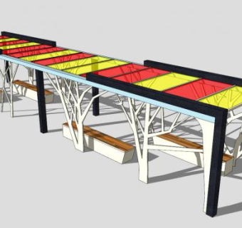现代木质公园椅条形廊架SU模型下载_sketchup草图大师SKP模型