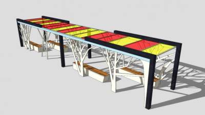 现代木质公园椅条形廊架SU模型下载_sketchup草图大师SKP模型