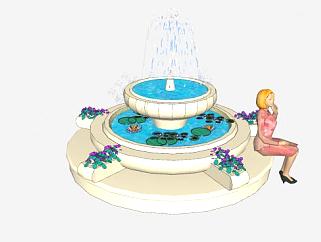 喷泉水池小景SU模型下载_sketchup草图大师SKP模型