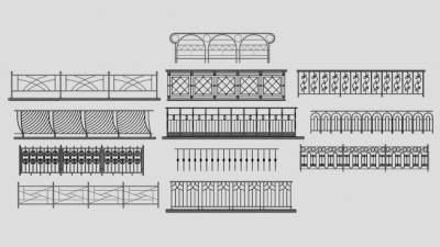 一堆欧简铁艺栏杆SU模型下载_sketchup草图大师SKP模型