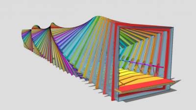 现代异形彩色条形廊架SU模型下载_sketchup草图大师SKP模型