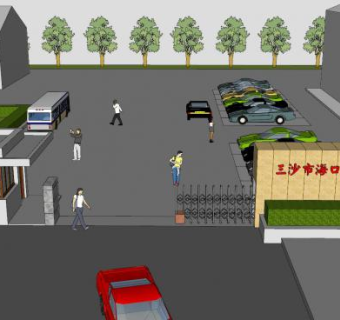 带大门的停车场空地户外停车SU模型下载_sketchup草图大师SKP模型