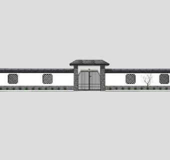 中式窗花围墙和大门SU模型下载_sketchup草图大师SKP模型